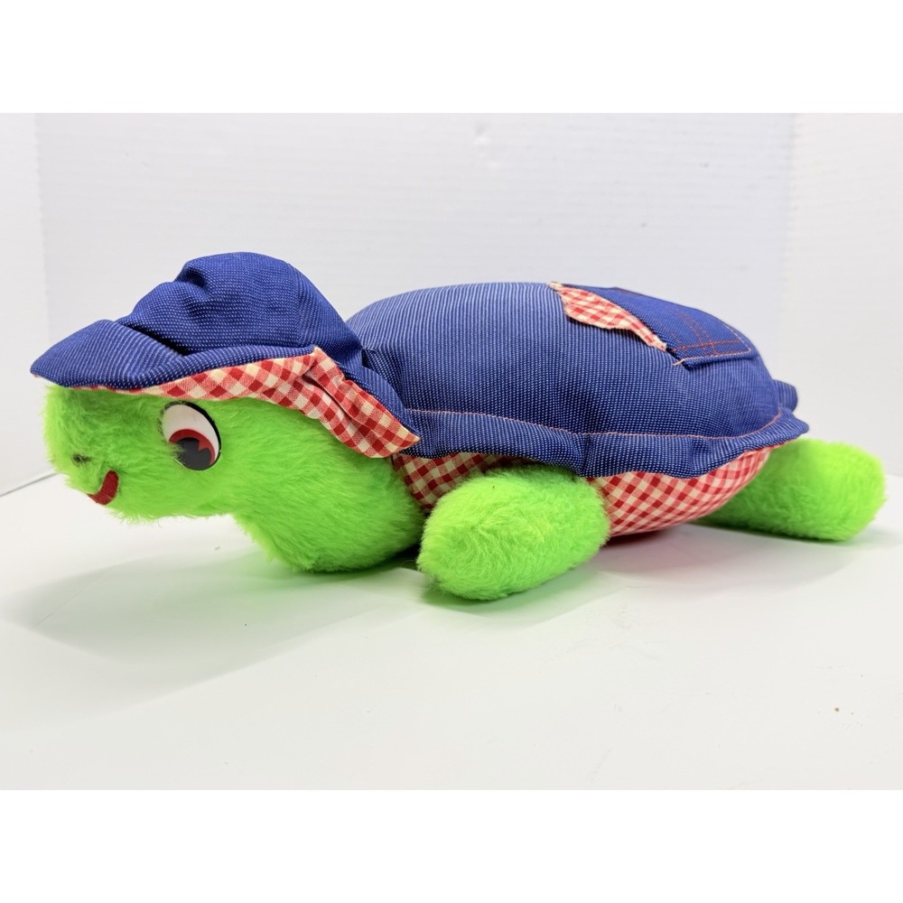 Vintage 1970s Knickerbocker Animals of Distinction Turtle Plush Denim Gingham